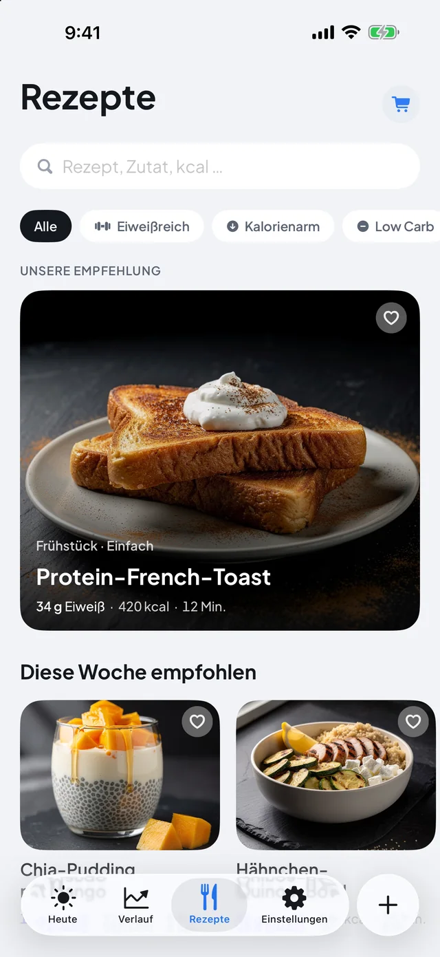 Nomi im Rezepte-Tab mit Filtern und Fotos
